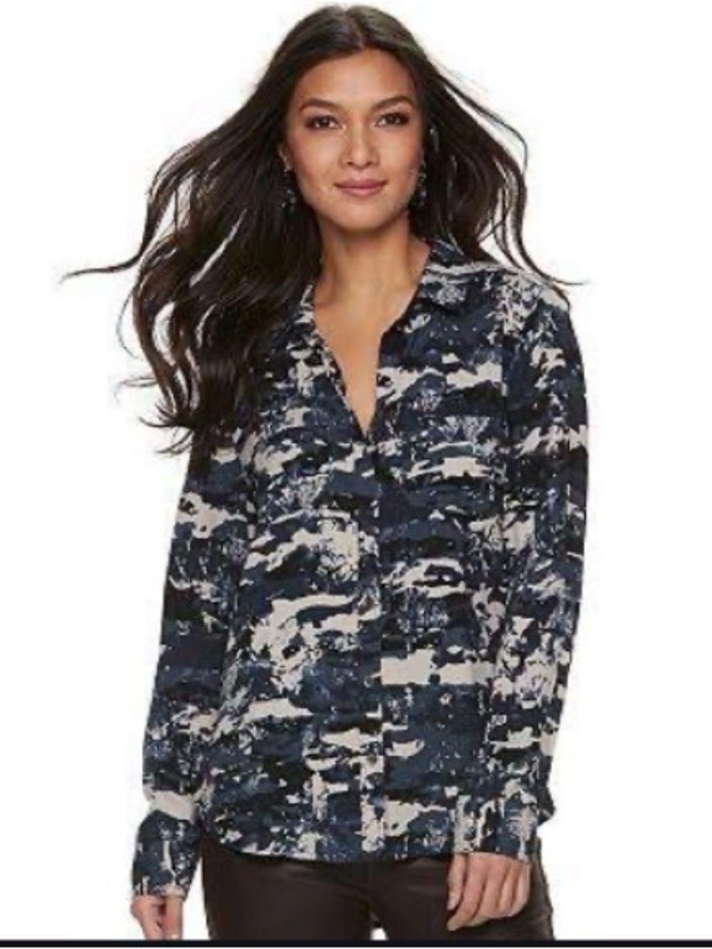 Rock & Republic Button Down Blouse Abstract Print Lightweight Hi Low Top